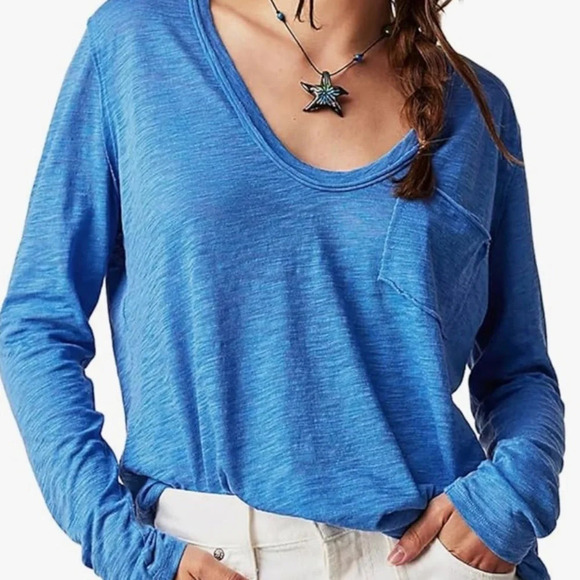 Long Sleeve Oversized V Neck‎ Loose Fit T Shirt Top Womens Small Blue NWT - Picture 1 of 8